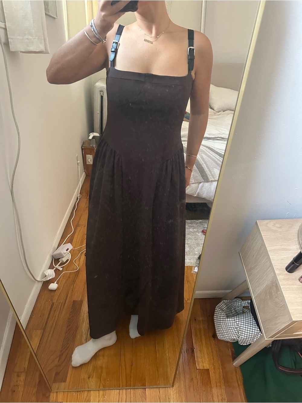 Classic Square-Neck Black Maxi Dress with Buckle Straps